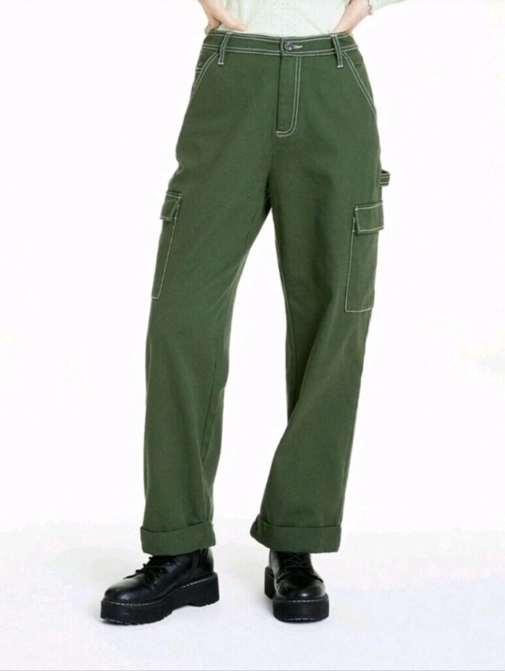 Sandy Liang x Target Mid-Rise Straight Leg Pockets Olive Green Cargo Pants Sz 14